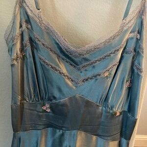 Vintage Betsey Johnson Steel Blue Floral Silky Slip Dress Spaghetti Strap size 2